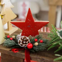 Beauty Home Αστέρι ξύλινο κόκκινο λούστρο με ασημί γκλίτερ 10.5 x 10.5 x 1.5 cm