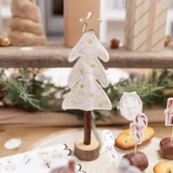 Beauty Home Δέντρο με Αστέρι σε Ξύλινη Βάση, Λευκή Τσόχα και Χρυσή Κεντητή Διακόσμηση 21 x 7,5 cm