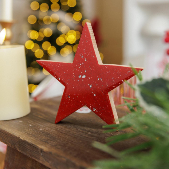 Beauty Home Αστέρι ξύλινο κόκκινο λούστρο με ασημί γκλίτερ 10.5 x 10.5 x 1.5 cm