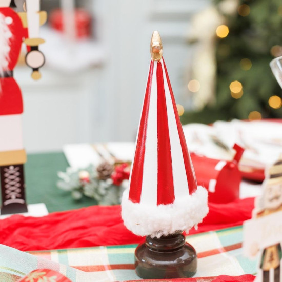 Beauty Home Διακοσμητικό Ριγέ Δέντρο με Γούνινη Λεπτομέρεια, Κόκκινο-Λευκό-Χρυσό Ø6 x 20 cm