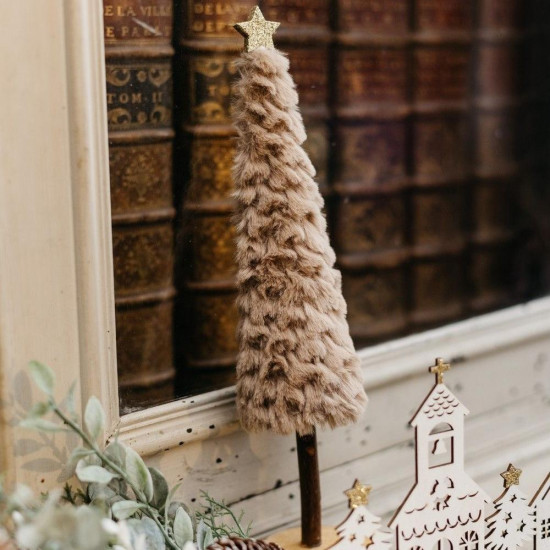 Beauty Home Έλατο με γούνα ταμπά σε ξύλινη βάση και αστέρι με χρυσό γκλίτερ Ø7 x 33
