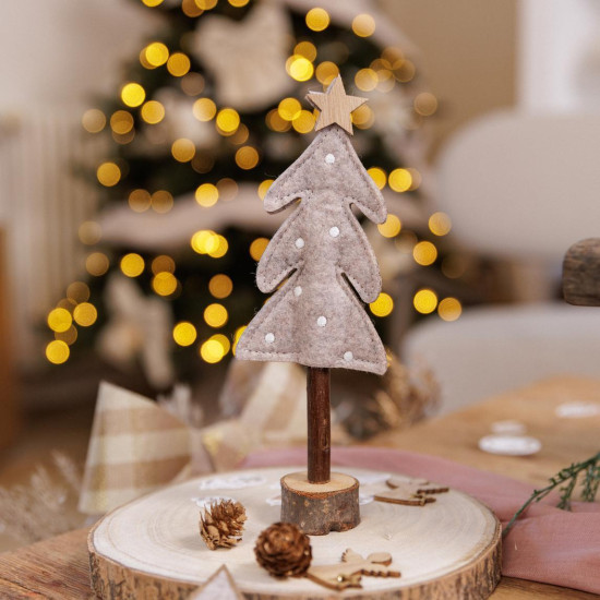 Beauty Home Δέντρο με Αστέρι σε Ξύλινη Βάση, Τσόχα Ταμπά και Λευκή Κεντητή Διακόσμηση 21 x 7,5 cm