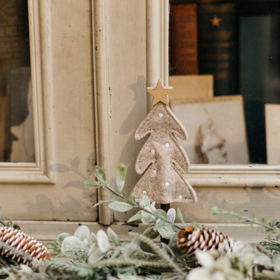 Beauty Home Δέντρο με Αστέρι σε Ξύλινη Βάση, Τσόχα Ταμπά και Λευκή Κεντητή Διακόσμηση 21 x 7,5 cm