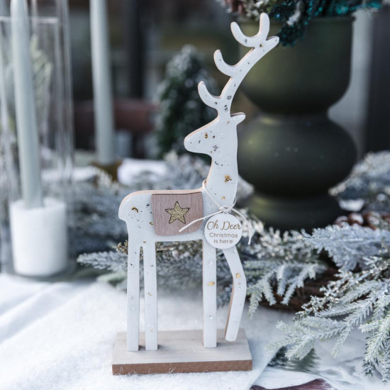 Beauty Home Διακοσμητικός Τάρανδος με Μικρά Αστέρια, Λευκό Ξύλο & Χρυσό-Ασημί Γκλίτερ 10x25x5cm