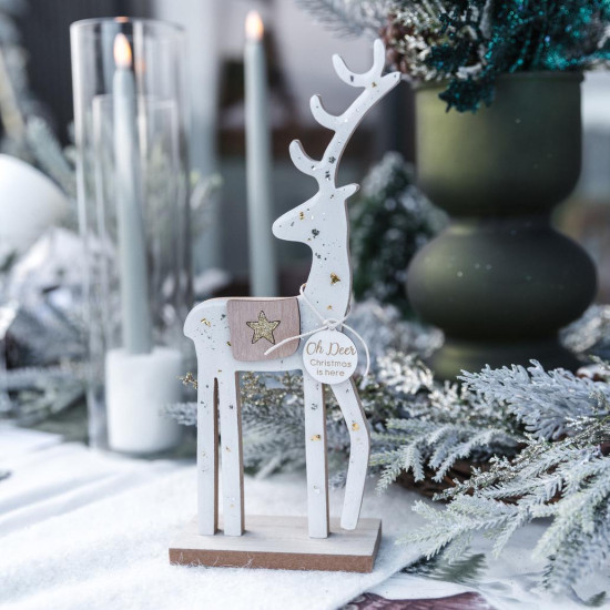 Beauty Home Διακοσμητικός Τάρανδος με Μικρά Αστέρια, Λευκό Ξύλο & Χρυσό-Ασημί Γκλίτερ 10x25x5cm