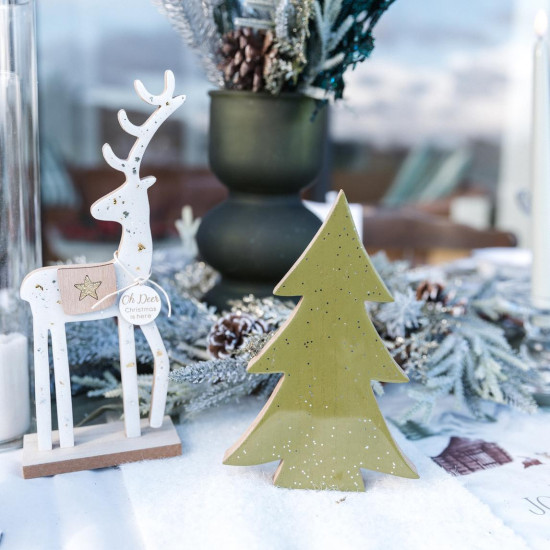 Beauty Home Διακοσμητικός Τάρανδος με Μικρά Αστέρια, Λευκό Ξύλο & Χρυσό-Ασημί Γκλίτερ 10x25x5cm