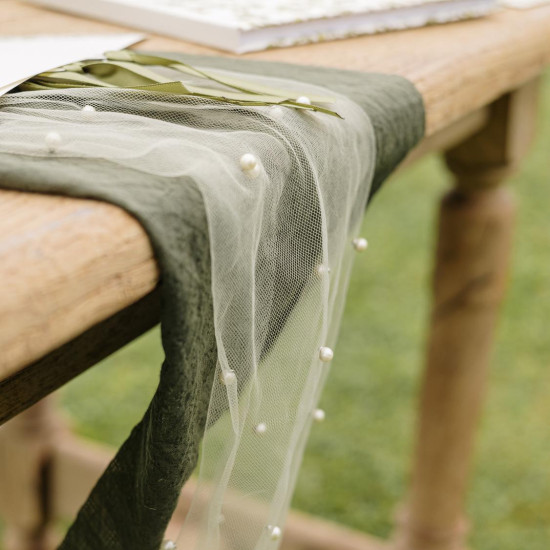 Beauty Home Ράννερ με πέρλες – Πράσινο Ευκάλυπτου οργάντζα 28 cm x 5 m