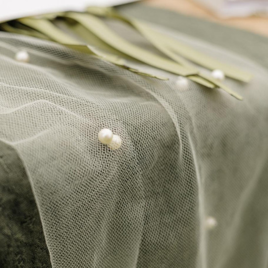 Beauty Home Ράννερ με πέρλες – Πράσινο Ευκάλυπτου οργάντζα 28 cm x 5 m