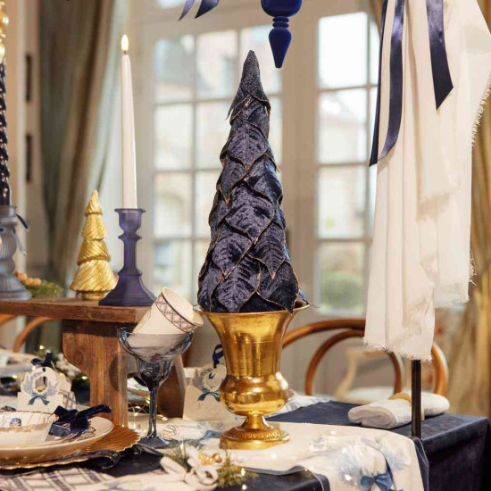 Beauty Home Χριστουγεννιάτικο Διακοσμητικό Δέντρο Βελούδινο Μπλε Σκούρο με Χρυσό Glitter Ø13 x 36,5 cm