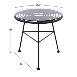 Τραπεζι μεταλλικο allegra με wicker σε μαυρη αποχρωση και γυαλι hm5459.02  φ45x46εκ **