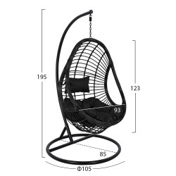 Κρεμαστη πολυθρονα φωλια callie hm5541.02 με μαυρο wicker & μαξιλαρια φ105χ195υ εκ. **