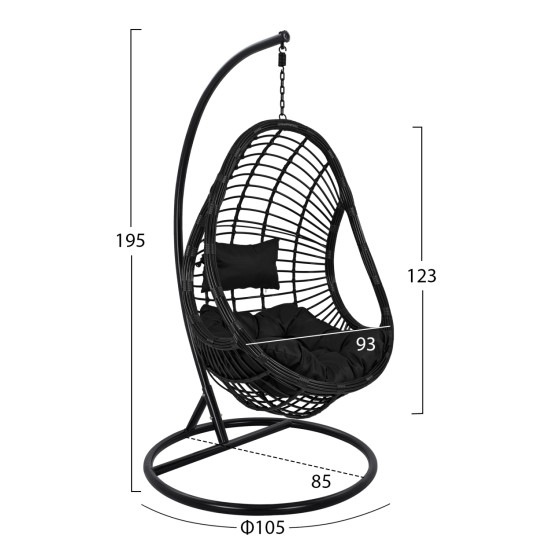 Κρεμαστη πολυθρονα φωλια callie hm5541.02 με μαυρο wicker & μαξιλαρια φ105χ195υ εκ. **