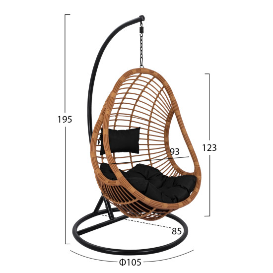 Κρεμαστη πολυθρονα φωλια callie hm5541.04 με μπεζ wicker & μαυρα μαξιλαρια φ105χ195υ εκ. **