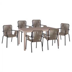 Σετ τραπεζαρια 7τμχ τραπεζι καπουτσινο 150χ90 & πολυθρονεσ ανθρακι με σχοινι hm11501 **