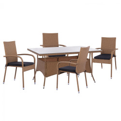 Σετ τραπεζαριασ 5τμχ τραπ. 150χ90 & πολυθρονεσ wicker rattan μπεζ καφε hm11713.02 **