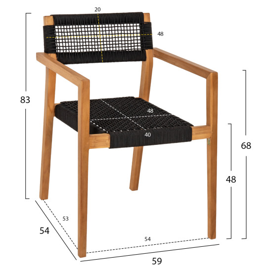 Πολυθρονα charlotte hm9637.02 ξυλο teak φυσικο & μαυρο σχοινι 59x54x83y εκ. **