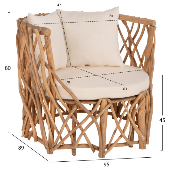 Πολυθρονα κααν hm5994 κλαδια teak σε φυσικο-μαξιλαρια λευκα 95x89x80υεκ. **