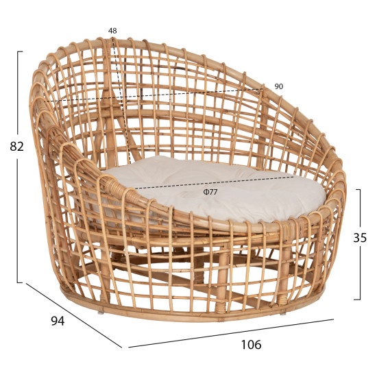 Πολυθρονα ento hm9814 rattan σε φυσικο-λευκο μαξιλαρι 106x94x82yεκ. **