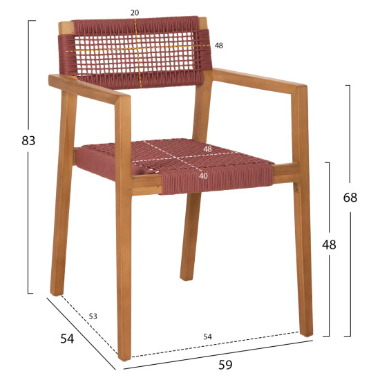 Πολυθρονα charlotte hm9637.06 ξυλο teak φυσικο & ροζ σχοινι 59x54x83y εκ. **