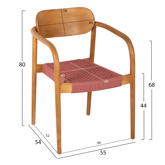 Πολυθρονα oslo hm9636.06 ξυλο teak φυσικο & ροζ σχοινι 55x54x80yεκ. **