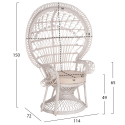 Πολυθρονα royal peacock hm9342.02 rattan σε λευκο-μαξιλαρι λευκο 114x72x150yεκ. **