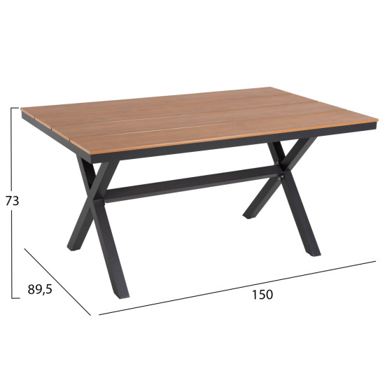 Τραπεζι αλουμινιου ορθογωνιο tawnee hm6037.01 ανθρακι-polywood φυσικο 150x89,5x73υ **