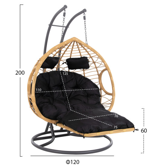 Διπλη κρεμαστη φωλια me υποποδιο gracie hm5754.02 μπεζ συνθ.rattan-γκρι μεταλ.σκελετοσ φ120x200υεκ **