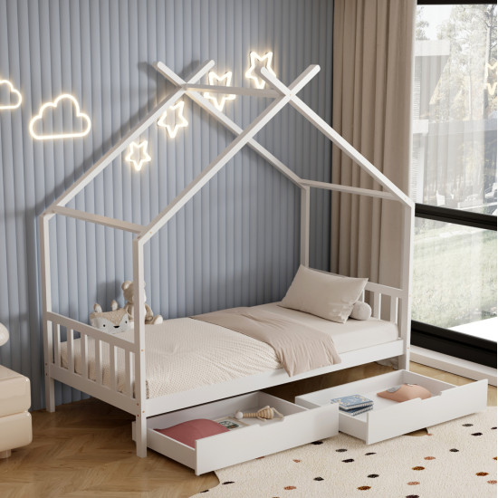 Κρεβατι παιδικο klarice hm680.03 τ.montessori-2 συρταρια-ξυλο πευκου λευκο-190x90εκ **