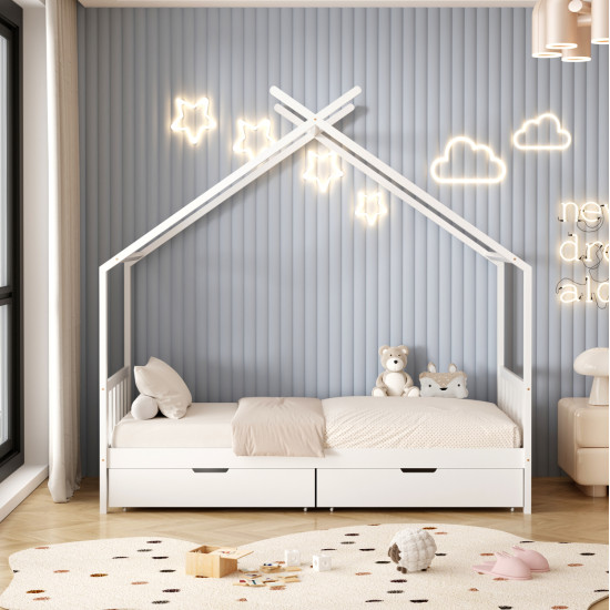 Κρεβατι παιδικο klarice hm680.03 τ.montessori-2 συρταρια-ξυλο πευκου λευκο-190x90εκ **