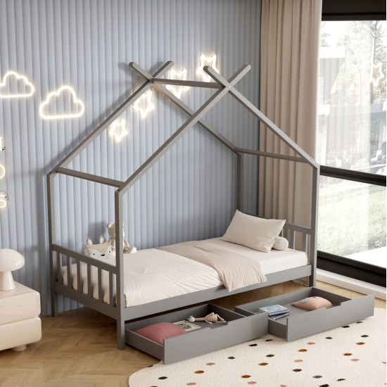 Κρεβατι παιδικο klarice hm680.05 τ.montessori-2 συρταρια- ξυλο πευκου γκρι-190x90εκ **