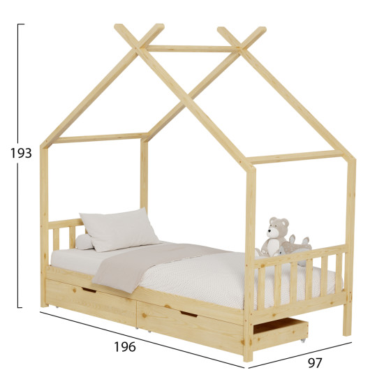 Κρεβατι παιδικο klarice hm680.01 τ.montessori-2 συρταρια-ξυλο πευκο φυσικο-190x90εκ **
