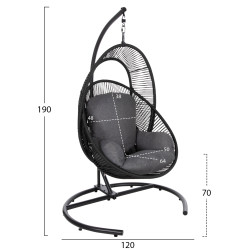 Κρεμαστη φωλια ruler hm6083 μαυρο μεταλλο και συνθ.rattan-γκρι μαξιλαρι 120x110x190υ **