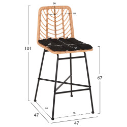 Σκαμπο μεσ.υψουσ gerald hm5707.11 μεταλλο&μαξιλαρι μαυρο-wicker μπεζ 47x47x101υεκ. **