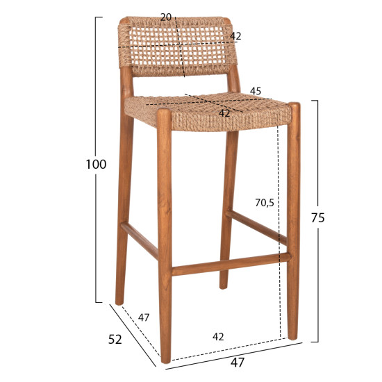 Σκαμπο μπαρ rosco hm6134.01 ξυλο τεακ καρυδι & σχοινι viro καφε 47x52x100υεκ **