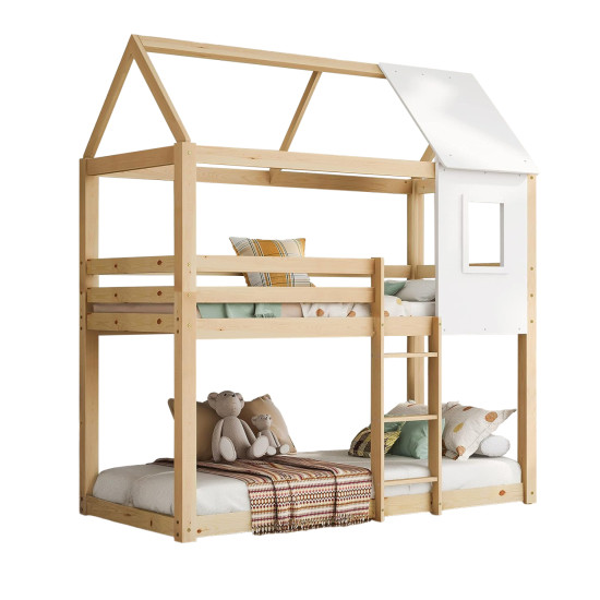 Παιδικη κουκετα σπιτακι τ.montessori hood hm705.01 ξυλο πευκου σε φυσικο-στρωματα 190x90εκ **