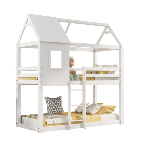 Παιδικη κουκετα σπιτακι  τ.montessori hood hm705.03 ξυλο πευκου σε λευκο-στρωματα 190x90εκ **