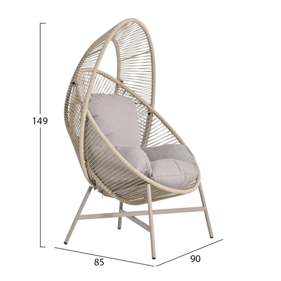 Πολυθρονα-φωλια ruler hm6506.02 μοκα μεταλλο-p.e.rattan--γκρι μαξιλαρια 90x85x154υεκ **