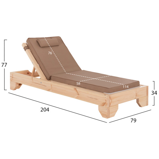 Ξαπλωστρα με μαξιλαρι κορινοσ hm10776.04t ξυλο πευκου--textilene σε μοκα 79x204x77υ **