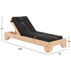 Ξαπλωστρα με μαξιλαρι κορινοσ hm10776.05t ξυλο πευκου--textilene σε μαυρο 79x204x77υεκ **