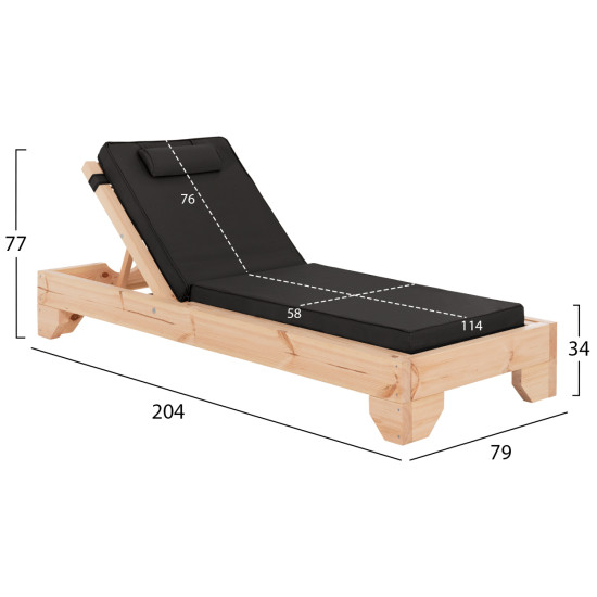 Ξαπλωστρα με μαξιλαρι κορινοσ hm10776.05t ξυλο πευκου--textilene σε μαυρο 79x204x77υεκ **