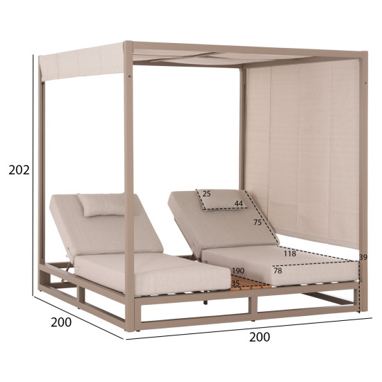 Διπλη ξαπλωστρα αλουμινιου παραλιασ με σκιαστρο gallant hm6097.04 καπουτσινο 2x2x2μ **