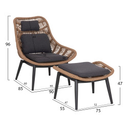 Πολυθρονα lounge με υποποδιο remvazzo hm6561.01 αλουμινιο γκρι--wicker 90x85x96υεκ **