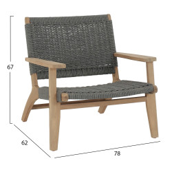 Πολυθρονα lounge monter hm6241.02 ξυλο ακακιασ φυσικο-σχοινι γκρι 78x62x67υεκ **