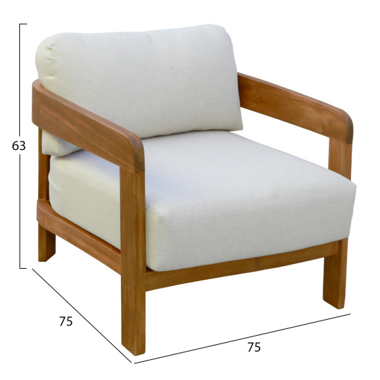 Πολυθρονα lounge εξ.χωρου solara hm6513 ξυλο ακακιασ φυσικο-μαξιλαρια εκρου 75x70x75υεκ **