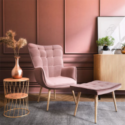 Πολυθρόνα Maddison με υποπόδιο-μαξιλάρι βελούδο σάπιο μήλο-φυσικό 68x72x98εκ **