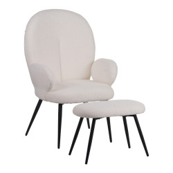 Πολυθρόνα με υποπόδιο Qarar μπουκλέ ύφασμα σε λευκή απόχρωση με μαύρα μεταλλικά πόδια 67.5x67.5x106εκ **