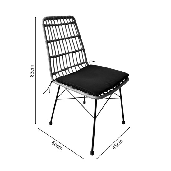 Καρέκλα Naoki rattan σε φυσική απόχρωση με μαύρο μαξιλάρι και μεταλλικό μαύρο πόδι 45.5x59.5x89εκ **