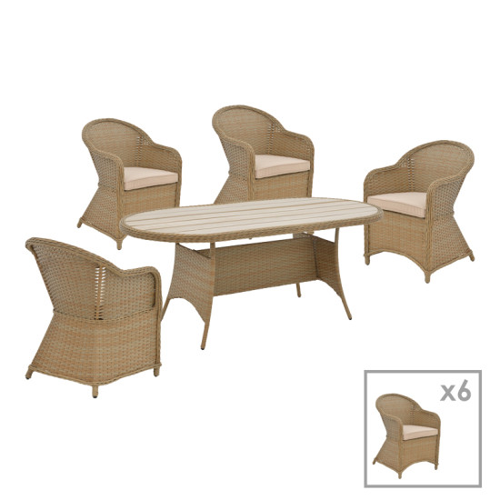Tραπεζαρία Hadrian-Keir σετ 7τεμ καφέ rattan-μπεζ textilene-καφέ αλουμίνιο 180x90x72εκ **