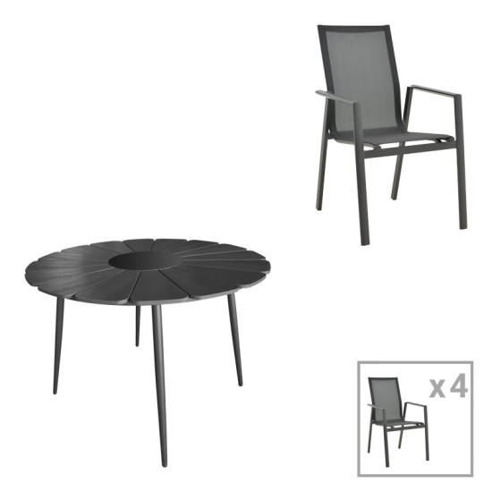 Τραπεζαρία Pinap-Dashiell σετ 5τεμ μαύρο αλουμίνιο και plywood σε μαύρη απόχρωση Φ110x74εκ **