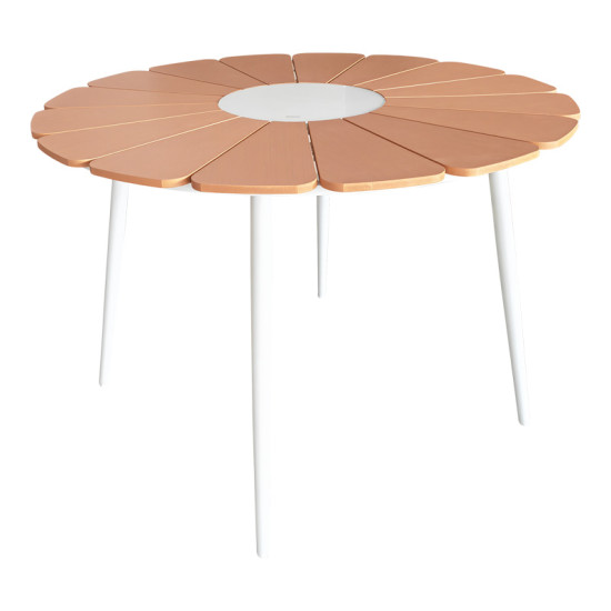 Τραπεζαρία Pinap-Dashiell σετ 5τεμ λευκό αλουμίνιο και plywood σε φυσική απόχρωση Φ110x74εκ **